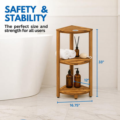 EcoDecors Snazzy Corner Gold 3 Tier Corner Shelf FSC Teak Wood Bathroom Shelf Natural Water Resistant Spa Shower Organizer for Bathroom Sauna Bath Storage 17 x 12 x 32 in