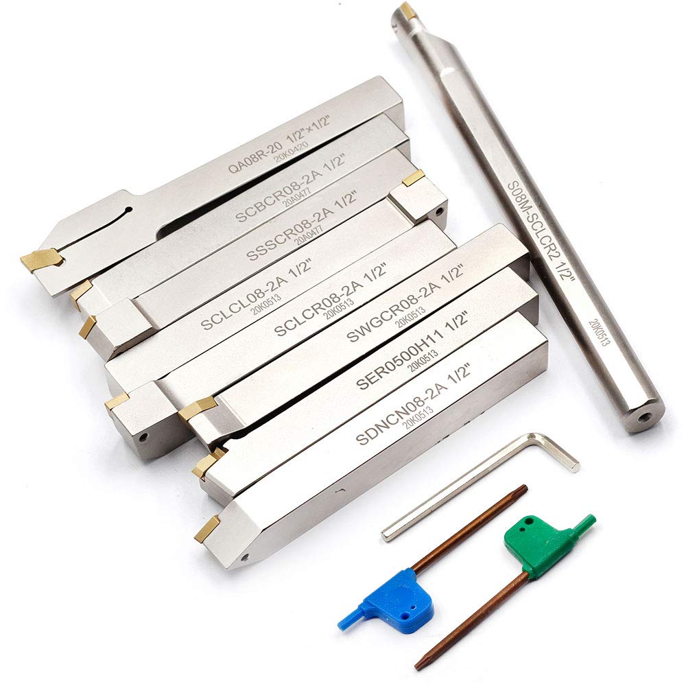 OSCARBIDE 1/2"Shank Nickel Plated Indexable Lathe Turning Tool Holder and Boring Bar 9 Pieces/Set,CNC Heavy-Duty Metal Lathe Cuting Tools for Turning Grooving Threading Cut Off