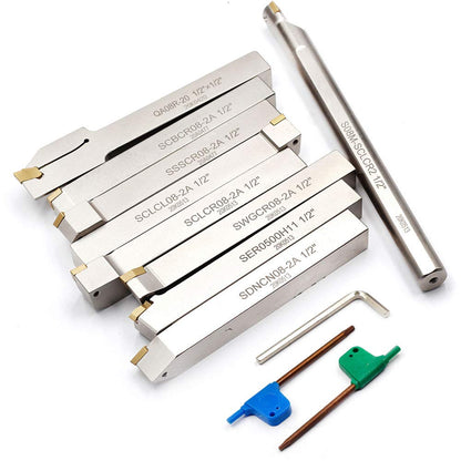 OSCARBIDE 1/2"Shank Nickel Plated Indexable Lathe Turning Tool Holder and Boring Bar 9 Pieces/Set,CNC Heavy-Duty Metal Lathe Cuting Tools for Turning Grooving Threading Cut Off