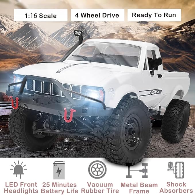 GoolRC RC Truck WPL C24-1 RC Crawler 1/16 Scale Remote Control Car 4WD All Terrain Off Road Pickup Truck 2.4GHz RC Climbing Car with LED Light 2 Batteries for Adults (White)