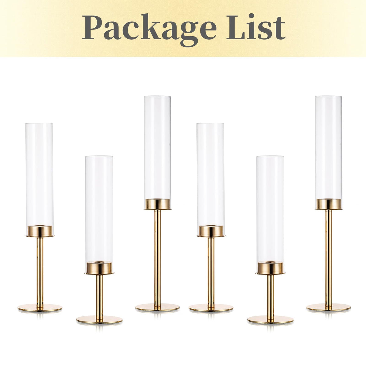 Hewory Gold Candle Holders Hurricane Candlestick Holders, 6Pcs Candle Stick Candle Holder Candelabra, Taper Candle Holders with Glass Candle Cover for Wedding Table Centerpiece Christmas Decor