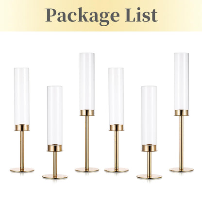 Hewory Gold Candle Holders Hurricane Candlestick Holders, 6Pcs Candle Stick Candle Holder Candelabra, Taper Candle Holders with Glass Candle Cover for Wedding Table Centerpiece Christmas Decor