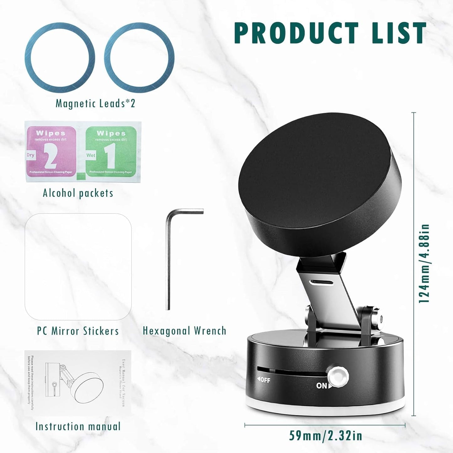 Car Phone Holder Upgraded Vacuum Magnetic Phone Holder for Car with N52 Magnet, Adjustable Suction Cup Phone Mount, Includes Metal Ring & Adhesive Pad, Fits iPhone & Android