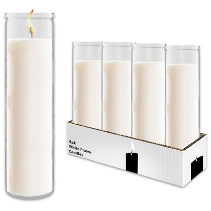 White Prayer Glass Candle Set - 4 Pack White Prayer Candles for Vigils, Prayers, Cemetery, Blessing Ceremonies | Bulk 8" Candle Kit