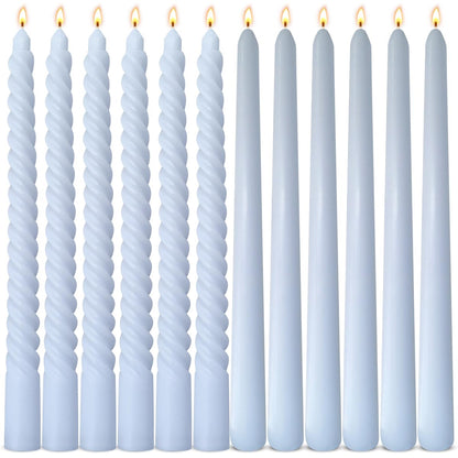 6 Pack Baby-Blue Smooth Taper Candles and 6 Pack Spiral Candles Set – 10 Inch Elegant Dripless Candlesticks for Weddings, Dinners, Parties, and Home Décor