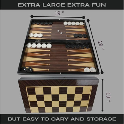 Park&ampOz Walnut Premium Turkish Backgammon and Checkers Set 19 Inch Handmade 2 in 1 Wooden Board Game with Glossy Finish Luxury Checkers and Dice Travel Friendly and Foldable
