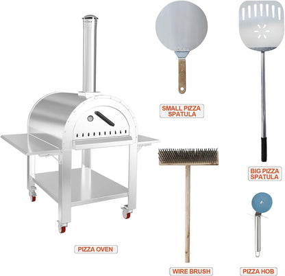 Garvee 44 Inch Pizza Oven Outdoor,Wood Fire & Propane Gas Dual Fuel with Wheels and Accessories in Stainless Steel for Restaurant, Backyard, Garden, Patio, Camping, Silver
