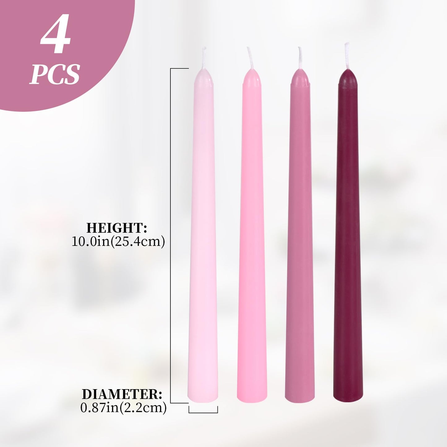 Pink Taper Candles, 10 inch Tapered Candles, 4 Pack Gradient Unscented and Smokeless Long Burning Candles with Cotton Wicks, Tall Candlesticks Weddings, Christmass, Dinner Parties, and Home Décor