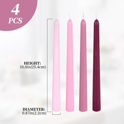 Pink Taper Candles, 10 inch Tapered Candles, 4 Pack Gradient Unscented and Smokeless Long Burning Candles with Cotton Wicks, Tall Candlesticks Weddings, Christmass, Dinner Parties, and Home Décor