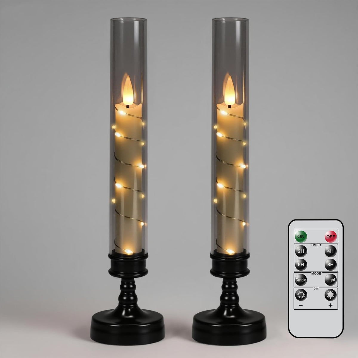 GenSwin Halloween Flameless Taper Candles with Remote and String Lights, Black Halloween Flameless Candles Battery Operated, 2 Pcs LED Flickering Candlesticks for Home Window Table Decor(D2.2”xH10”)