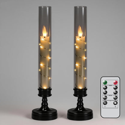 GenSwin Halloween Flameless Taper Candles with Remote and String Lights, Black Halloween Flameless Candles Battery Operated, 2 Pcs LED Flickering Candlesticks for Home Window Table Decor(D2.2”xH10”)