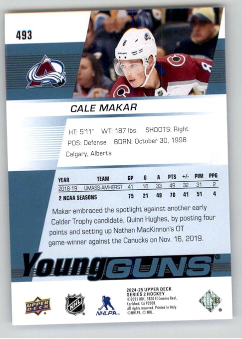 2024-25 Upper Deck Series Two Young Guns Renewed #493 Cale Makar Colorado Avalanche Official Hockey Card in Raw (NM or Better) Condition