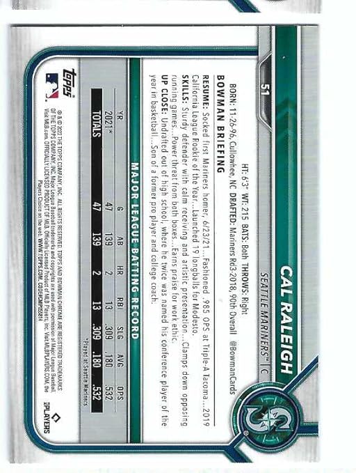 CAL RALEIGH 2022 Bowman Chrome #51 RC Rookie Card Seattle Mariners Baseball