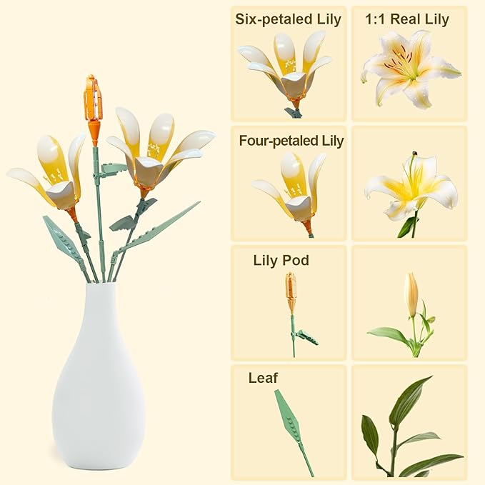 Lily Flower Building Kit for Adults Flower Bouquet Building Block Set Artificial Flowers Mini Building Bricks for Gifts/Home Decor Botanical Collection (Orange)