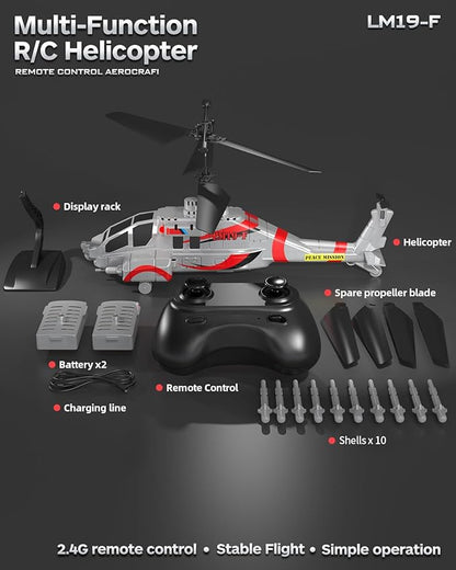 RC Helicopter with 10 Missiles LM19-F 2.4GHz Remote Control Helicopter for Beginners and Adults LED Lights Altitude Hold One-Key Take Off Gifts for Military Fans (2 Batteries)