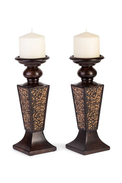 Creative Scents Schonwerk Brown Pillar Candle Holder Set of 2- Crackled Mosaic Design- Functional Table Decorations- Centerpieces for Dining/Living Room- Best Wedding Gift