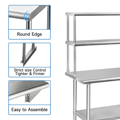 ROCKPOINT Stainless Steel overshelf for Prep Work Table 12" D x 60" W,Commercial Double Overshelf in Kitchen, Home,Restaurant,Garage with countertop Capacity 400lb