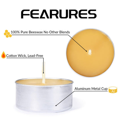 Natural Organic Beeswax Tealight Candles in Metal Aluminum Cup, Mini Beeswax Candle Bulk Unscent Smokeless 4+ Hours Burning - Yellow, Pack of 100