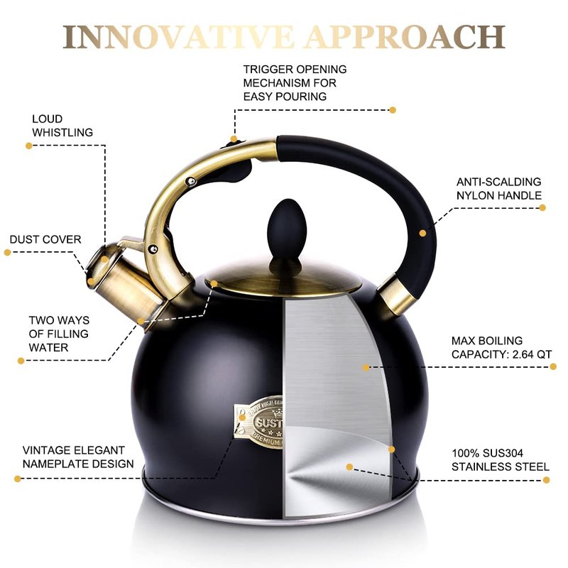 SUSTEAS Stove Top Whistling Tea Kettle - Food Grade Stainless Steel Teakettle Teapot with Cool Touch Ergonomic Handle, With 1 Silicone Pinch Mitt Included, 2.64 Quart(BLACK)