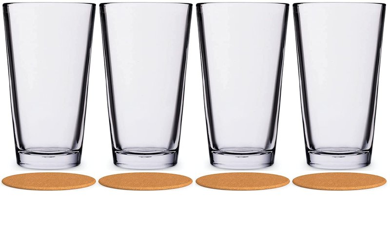 AMZ Empire 16 oz Pint Drinking Glasses Extra Strong - Stackable Highball Glass Cups Set of 4 Tempered Rim Clear Heavy Base, Case of 4 w/coasters