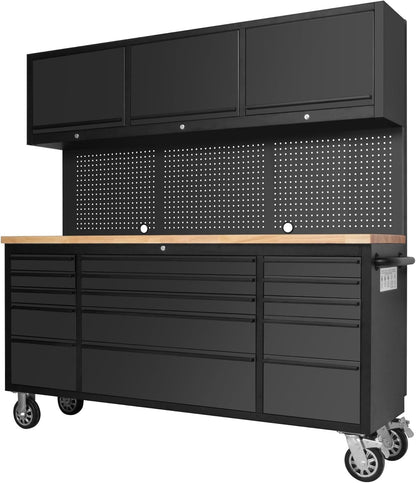 MERXENG 72-inch Rolling Tool Chest Cabinet Garage Workbench with 15 Storage Drawers and Wheels, 3 Upper Cabinet, Pegboard, Steel Large Tool Box for Garage Workshop, Matte Black