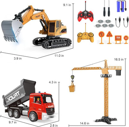 Remote Control Excavator and Dump Truck Toy Set - RC Excavator and Dump Truck with Lights and Sounds - Rechargable Digger Car Construction Vehicles Toy Set Gifts for Boys Kids
