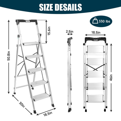 Valeo Aluminium 5 Step Ladder with Retractable Handgrip,Anti-Slip Pedal,330 lbs Capacity,Folding Step Stool for Kitchen, Garage, Home, Space Saving, Sturdy and Portable, Silver