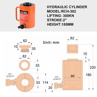 HZLZRZ 30T Hydraulic Cylinder Jack Hollow Single Acting Hydraulic Ram Cylinder, Hydraulic Lifting Cylinders 2"(50mm) and Porta Power Kit(RCH-302)