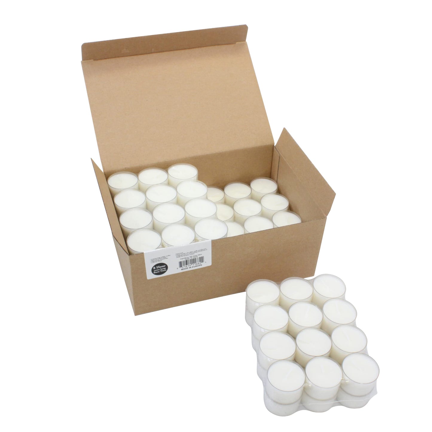 Stonebriar Bulk 96 Unscented Smokeless Long Burning Clear Cup Tea Light Candles with 8 Hour Extended Burn Time (Pack of 6, 576 Count Total)