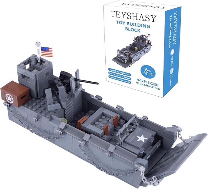 Military Landing Craft Vehicle Personnel Higgins Boat Car Model WW2 World War II Building Block Toys for Kids Aged 6-14 and Adults