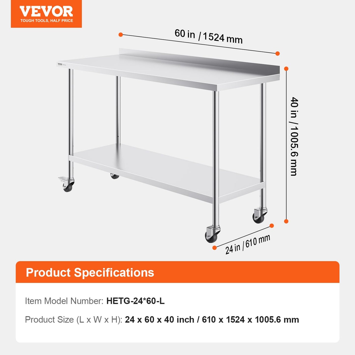 VEVOR 24 x 60 x 40 Inch Stainless Steel Work Table, Commercial Food Prep Worktable with Casters, Heavy Duty Prep Worktable, Metal Work Table with Adjustable Height for Restaurant, Home and Hotel