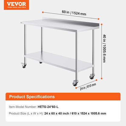 VEVOR 24 x 60 x 40 Inch Stainless Steel Work Table, Commercial Food Prep Worktable with Casters, Heavy Duty Prep Worktable, Metal Work Table with Adjustable Height for Restaurant, Home and Hotel