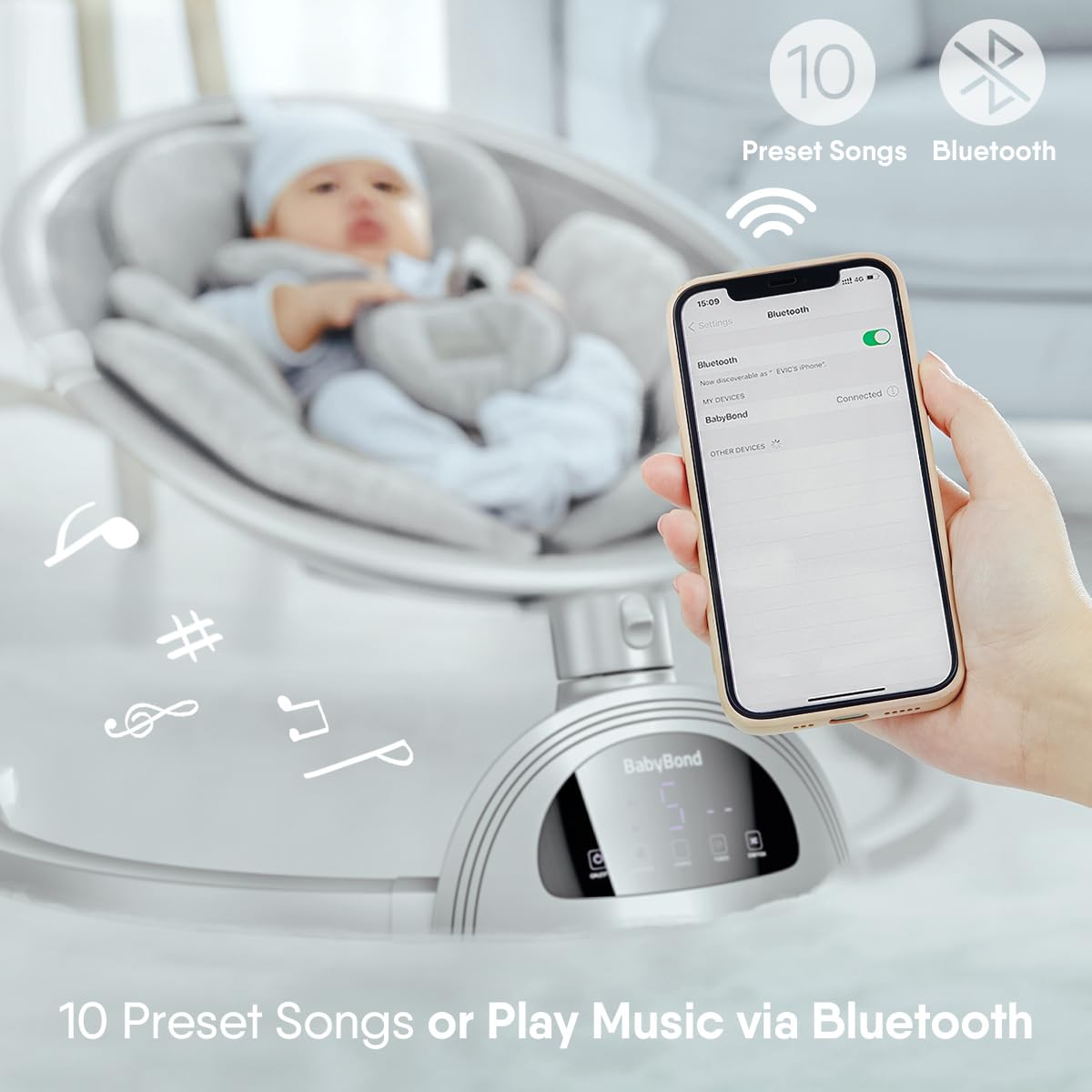 BabyBond Baby Swings for Infants, Bluetooth Infant Swing with Music Speaker, 3 Seat Positions, 5 Point Harness Belt, 5 Speeds and Remote Control - Portable Baby Swing for Indoor and Outdoor (Silver)