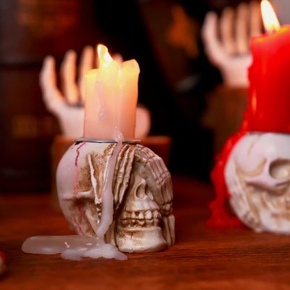 Gothic Skull Taper Candle Holders, 3pcs - See No Evil, Hear No Evil, Speak No Evil, Halloween Candle Holders, Horror-Themed Spooky Home & Halloween Decorations