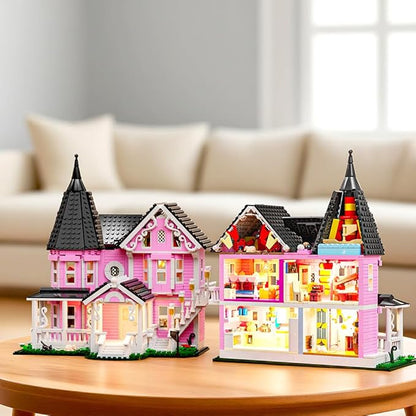 1349PCS Pink Palace House Building Set Halloween Haunted House Blocks Toy with Lights Christmas for Teens Girls 12+ Halloween House Kit for Kids Adults