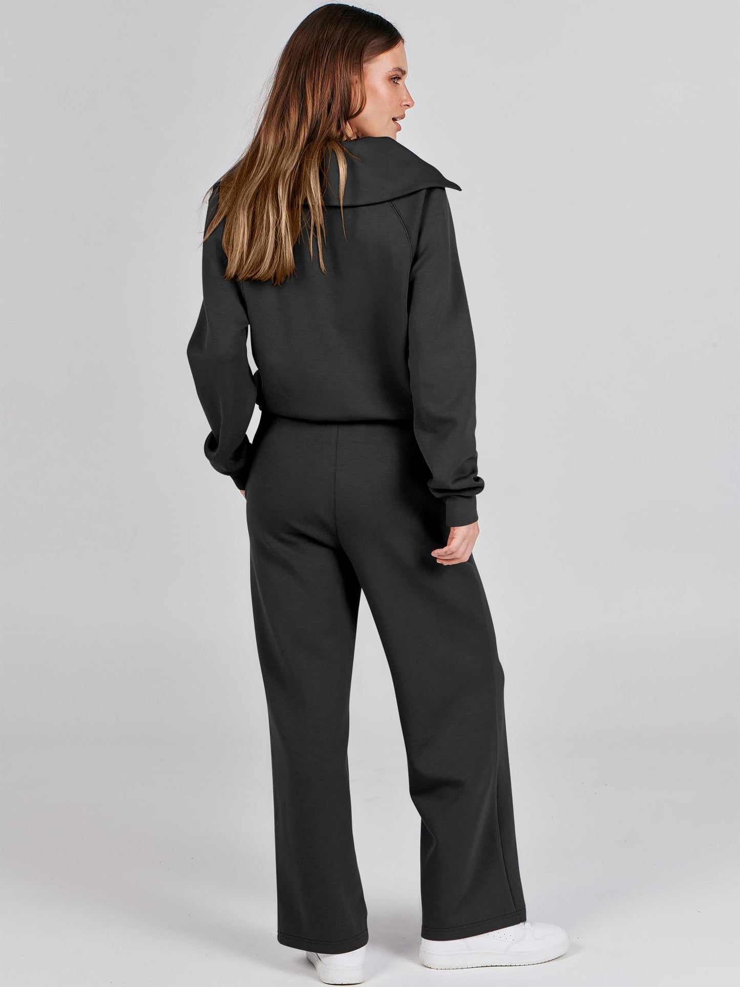 ANRABESS Women 2 Piece Outfits 2025 Fall Fashion Airport Wide Leg Pants Lounge Set Leisure Travel Vacation Clothes Sweatsuits Black X-Small