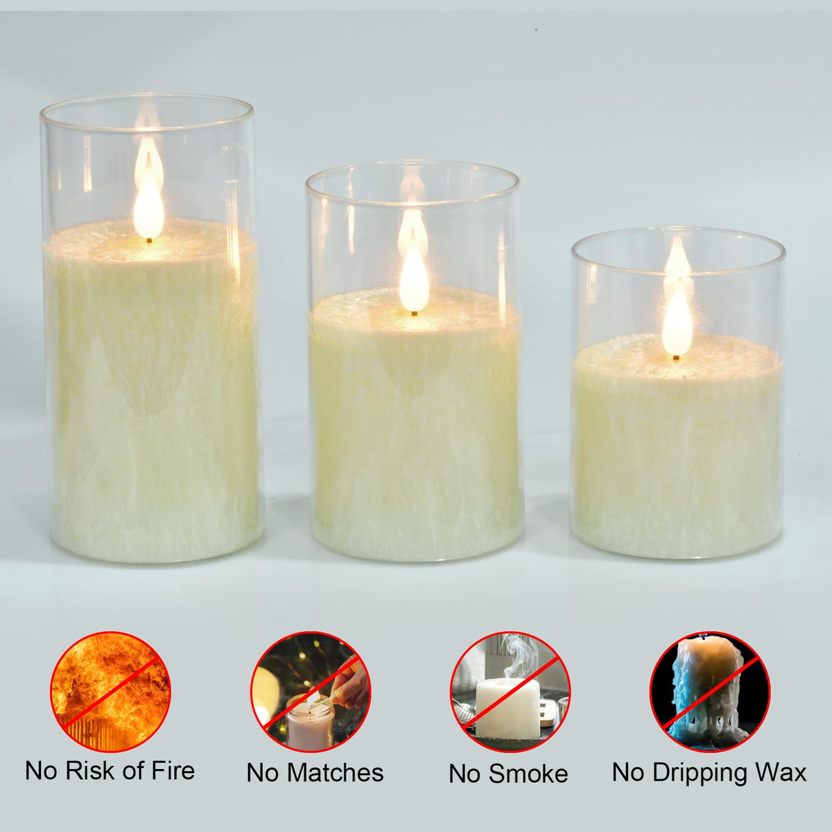 Flameless Flickering Remote Control Candle, Glass Pillar Candle,3 Pack (D:3"×H:4" 5" 6") LED 3D Flame Romantic Candle,Battery Operated Real Wax, Ideal for Wedding, Home Decor Holiday (Ivory)
