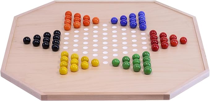 AmishToyBox.com Wahoo and Chinese Checkers Combo Game Board Set - 25 Wide - Maple Wood - Double-Sided - with Large 1 Marbles and Dice Included