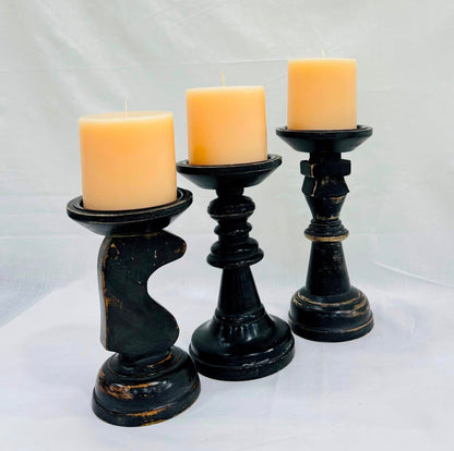 Wooden Black Candle Holders for Pillar Candles Farmhouse Wood Candle Holder Table Centerpiece Decor, Candle Holders Shaped Like Chess Pieces (Set of 3) 6.5X7X8 Inch,