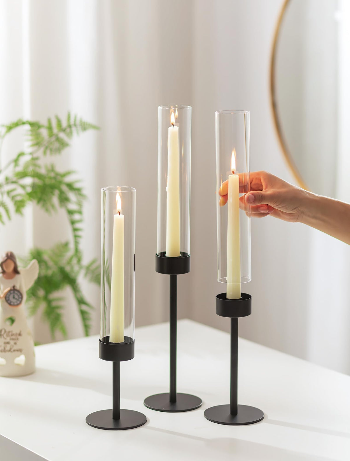 Romadedi Black Candlestick Holders Hurricane - Metal Taper Candle Holder Bulk Tall Windproof Glass Cylinder for Indoor Outdoor Table Centerpiece Christmas Halloween Modern Home Decor Set of 6