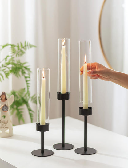 Romadedi Black Candlestick Holders Hurricane - Metal Taper Candle Holder Bulk Tall Windproof Glass Cylinder for Indoor Outdoor Table Centerpiece Christmas Halloween Modern Home Decor Set of 6