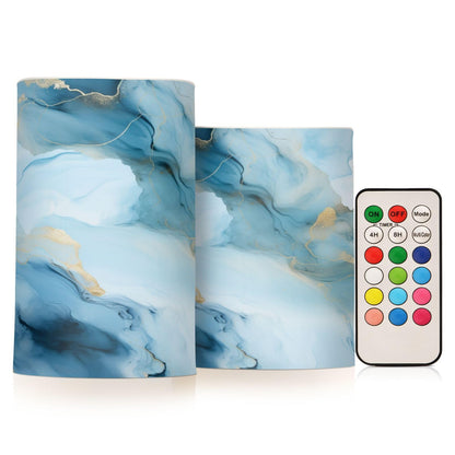 senya Lights Flameless Candles Gray Blue Marble Texture Pillar Candles Set of 2 Battery Operated Remote Control Warm Lights Home Decor