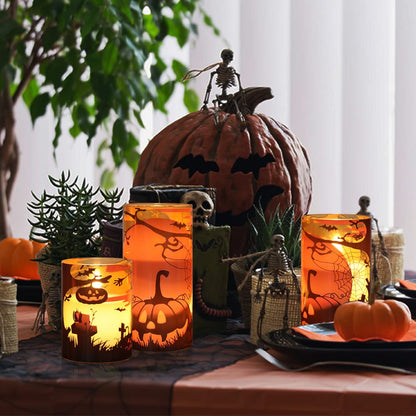 GenSwin Halloween Candles with Pumpkins, 3 Pack Flameless Candles with Remote Timer, Orange Pumpkin Glass Candles Battery Operated with Spiderweb, Halloween Spooky Indoor Decorations (D3” x H4”5”6”)