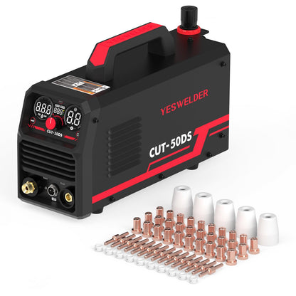 YESWELDER CUT-50DS Plasma Cutter, 50A 110V/220V Pilot Arc Digital Display Plasma Cutting Machine & 60 Pcs Plasma Cutting Consumables Fit Cut40 50 with Plasma Cutter Torch PT31 LG40