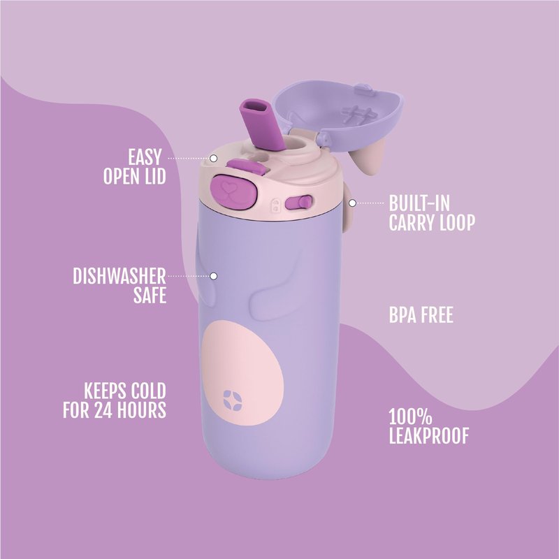 Ello Ellies 12oz Vacuum Insulated Stainless Steel Kids Water Bottle with Straw and Built-in Carrying Handle and Leak-Proof Locking Lid for School Backpack, Lunchbox and Outdoor Sports, Cat