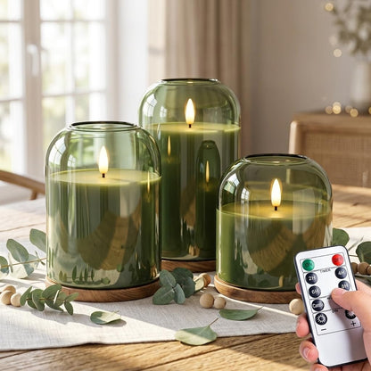 Mid Century Modern & Boho Home Decor, 3-Pack Olive Green Glass Battery Operated Candles, Flameless LED Pillar Candles with Remote & Timer, Realistic Flickering 3D Wick for Mantel, Shelf, Entryway