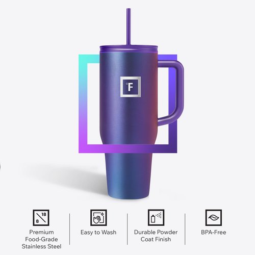 IRON °FLASK Co-Pilot Insulated Mug w/Straw & Flip Cap Lids - Cup Holder Bottle for Hot, Cold Drink - Leak-Proof - Water, Coffee Portable Travel Mug - Midnight Black, 40 Oz