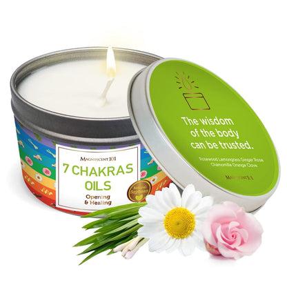 MAGNIFICENT 101 7 Chakra Energy Cleansing Aromatherapy Tin Candle with Chakra Oils - 6 Oz Orange Soy Wax - 35 Hr Burn - Healing Candle for Meditation & Manifestation