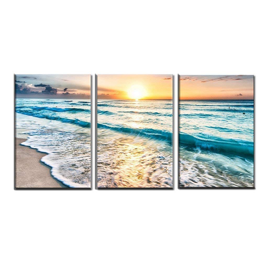 TutuBeer 3 Panel Canvas Wall Art for Home Decor Blue Sea Sunset White Beach Painting the Picture Print on Canvas Seascape the Pictures For Home Decor Decoration,Ready to Hang