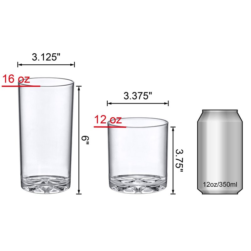 Amazing Abby - Liberty - 12-Ounce and 16-Ounce Plastic Tumblers (Set of 16), Plastic Drinking Glasses, All-Clear Reusable Plastic Cups, BPA-Free, Shatter-Proof, Dishwasher-Safe